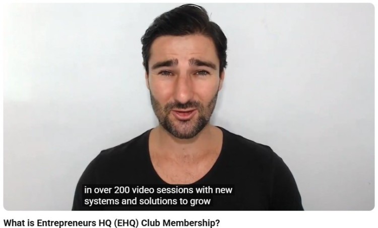 Entrepreneurs HQ Club video explaining a completely online membership program with coaching sessions, training, and business growth support.