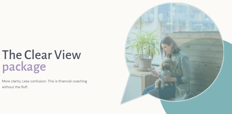 Expert financial coaching clear view package showing a client reviewing finances with clarity and simplicity in a calm setting.
