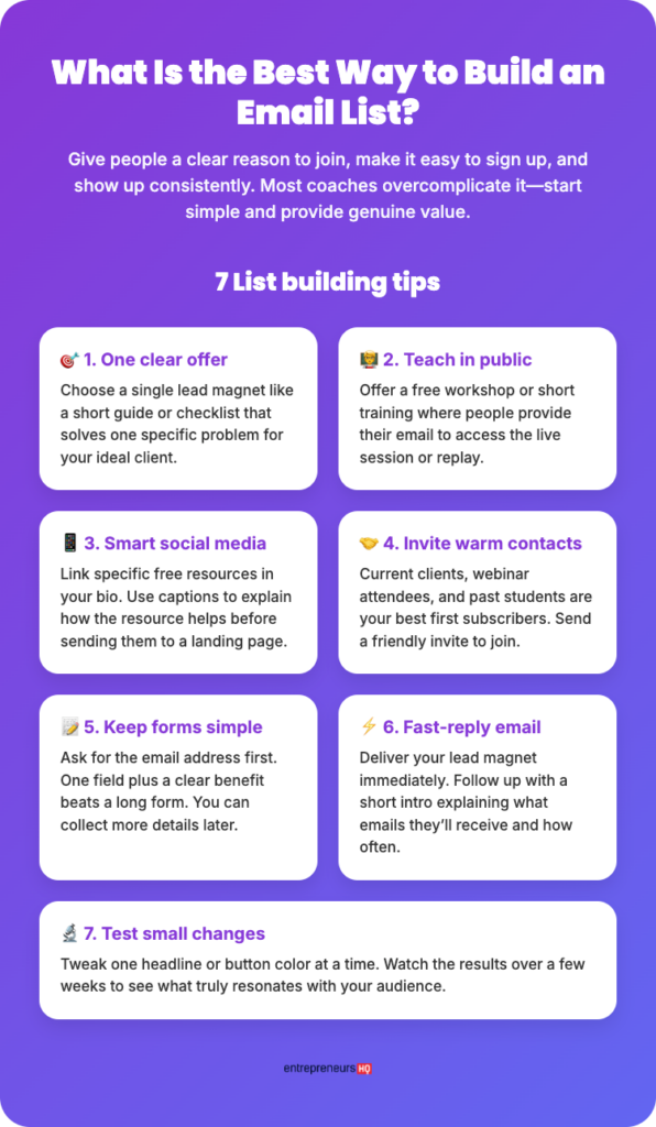 Infographic showing 7 simple strategies to build email lists including lead magnets, workshops, social media, and testing improvements