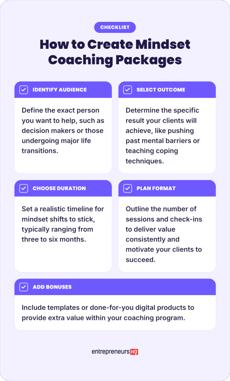 Checklist infographic to learn how to create mindset coaching packages including audience identification, outcomes, duration, format, and bonuses
