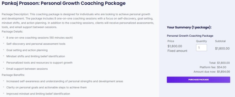 Example of pricing and packaging for a personal growth coaching package showing session details, benefits, and total cost breakdown