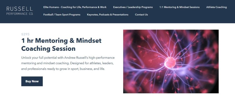 Website banner promoting coaching services with a one hour mentoring and mindset coaching session for athletes and professionals