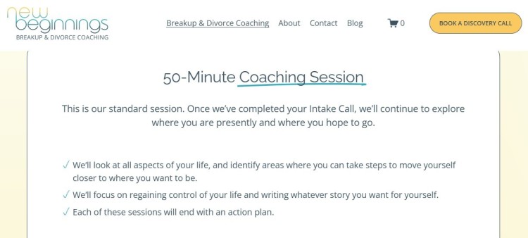 Divorce coaching session page showing a realistic approach to helping clients explore their situation, set goals, and create an action plan