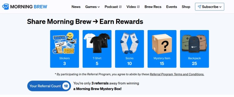 Referral rewards dashboard showing how to use to build email list with incentives like merchandise and bonuses for sharing