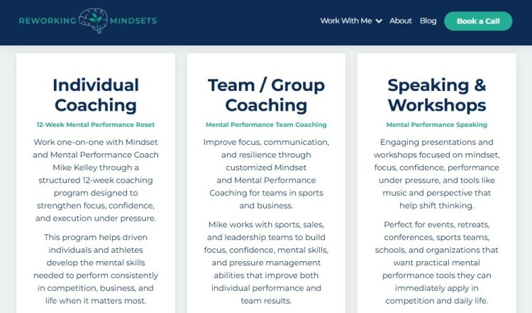 Website section showcasing results-focused mindset coaching services including individual coaching, team coaching, and speaking workshops for performance improvement
