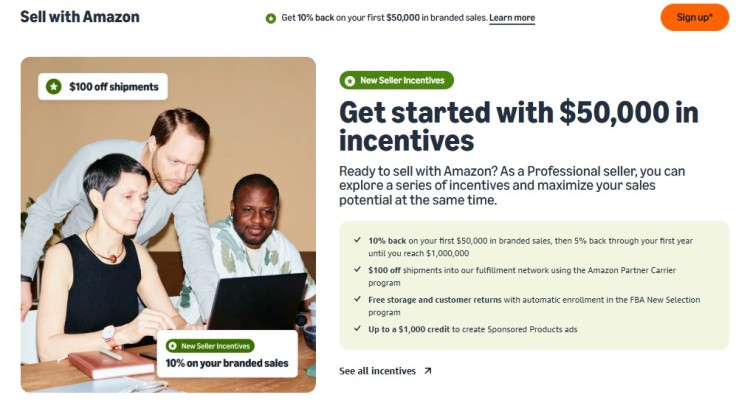 Dashboard showing incentives and benefits for selling digital items on Amazon including credits, discounts, and promotional offers