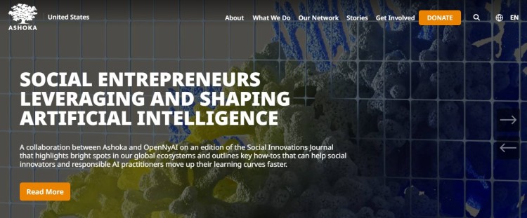Website banner highlighting social entrepreneurs leveraging and shaping artificial intelligence for global impact