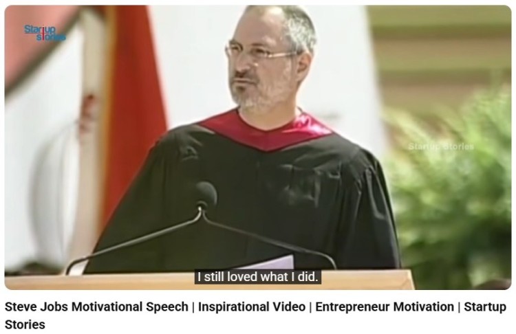 Entrepreneur, Steve Jobs, delivering a motivational speech during a graduation ceremony about passion and work