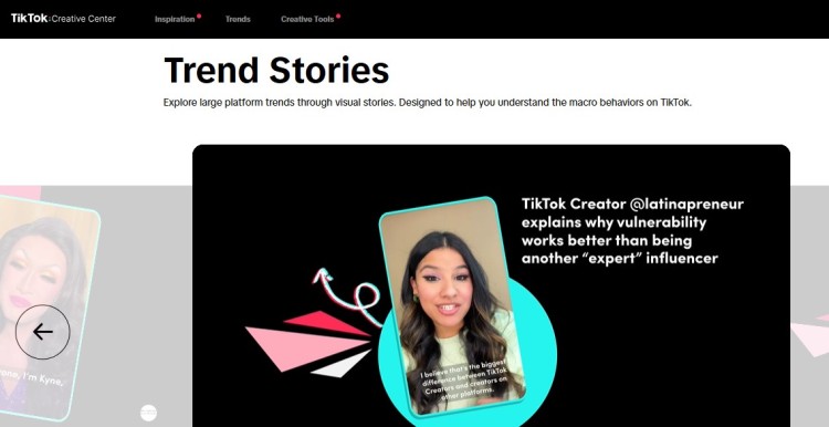 TikTok Creative Center Trend Stories page showing insights and examples to help creators thrive on tiktok with trending content strategies