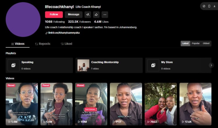 Example of a tiktok profile for a life coach showing followers, bio, and video content used to attract and engage an audience