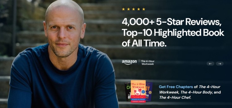 Tim Ferriss entrepreneur promoting The 4 Hour Workweek book with 4000 plus five star reviews