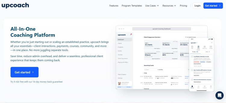 Upcoach dashboard showcasing a top online coaching platform with tools for client management, programs, and session tracking.