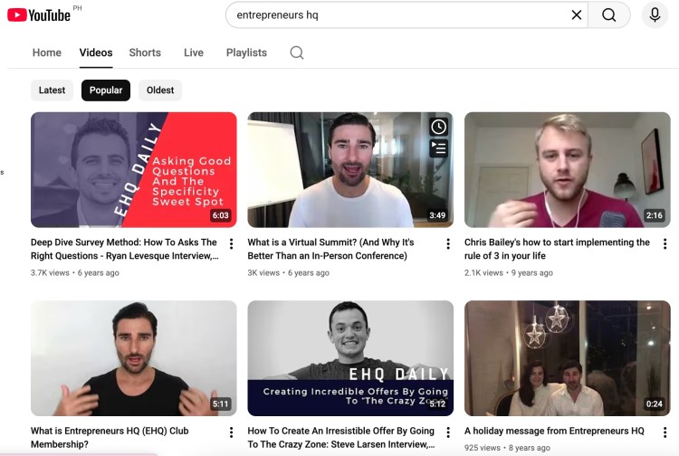 YouTube channel videos from Entrepreneurs HQ featuring content that help coaches grow their business, improve offers, and learn marketing strategies.