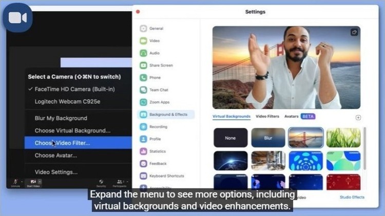 Zoom settings screen showing camera selection and virtual backgrounds when joining an online meeting, including video filters and background options.