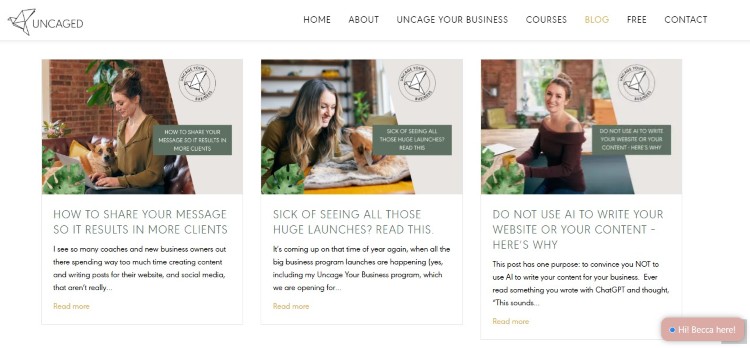 Coaching website displaying business blogs focused on messaging, launches, and content strategy