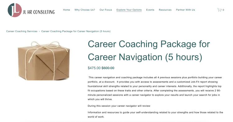 Career coaching package page offering services and assessments based on your needs and career goals