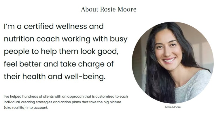 Profile page of a certified personal trainer and wellness coach helping clients improve health, nutrition, and overall well-being.