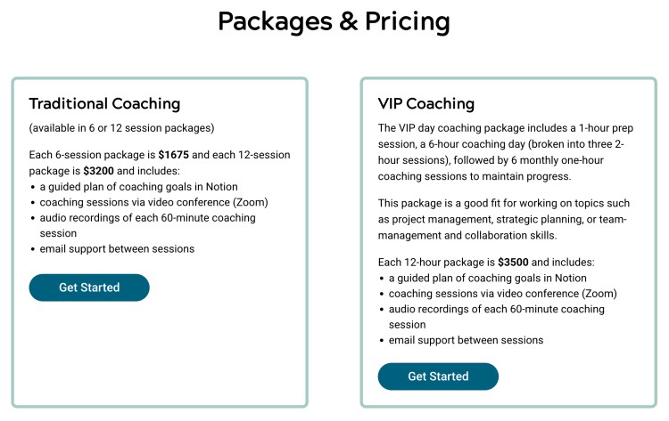 Pricing table showing coaching packages where a coach will help clients through traditional and VIP coaching options with structured sessions and support