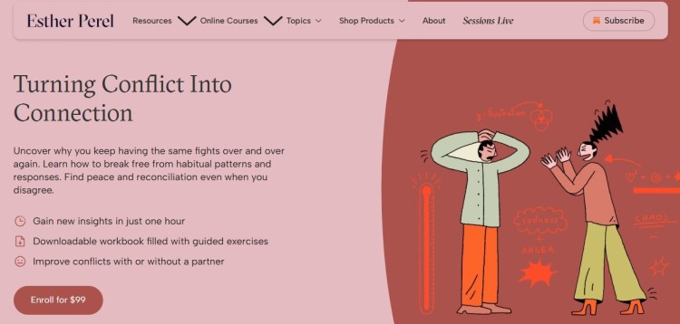 Online relationship and communication training page showing a course topic focused on turning conflict into connection through guided exercises and insights.