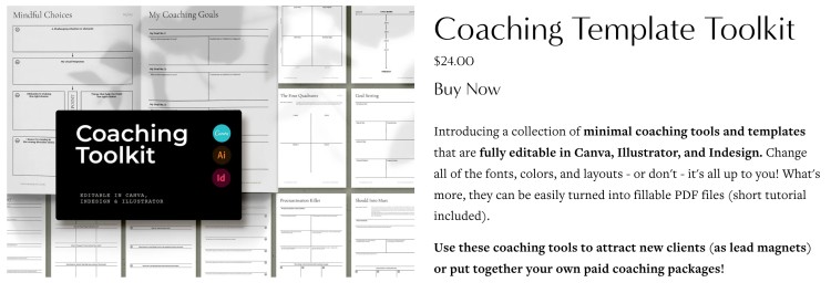 Editable coaching toolkit featuring different coaching templates for client goals, worksheets, lead magnets, and coaching packages.