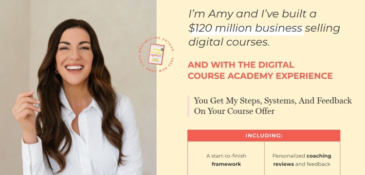 Promotional graphic showing how the course provides digital course training, systems, coaching feedback, and business growth strategies for creators.