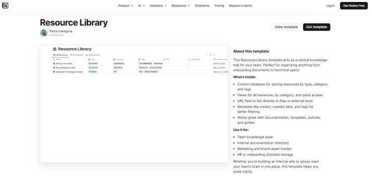 Digital download example showing a Notion resource library template for organizing team documents, resources, tags, and internal knowledge.