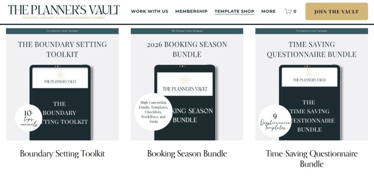 Ideas for digital products shown in The Planner’s Vault template shop, including a boundary setting toolkit, booking season bundle, and time-saving questionnaire bundle.