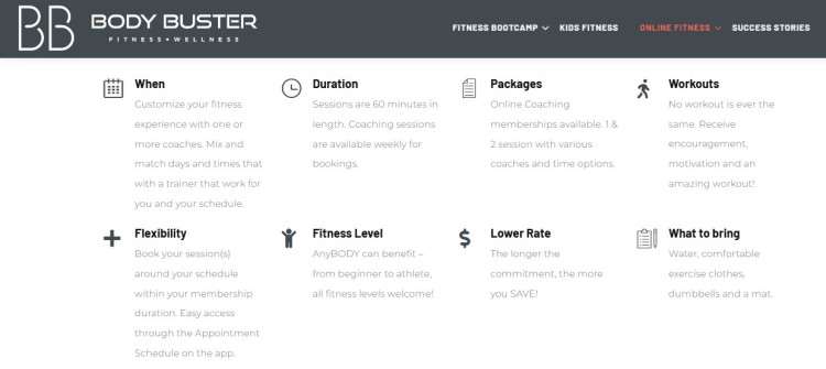 Fitness business website showcasing online coaching packages, workout options, scheduling flexibility, and wellness services.