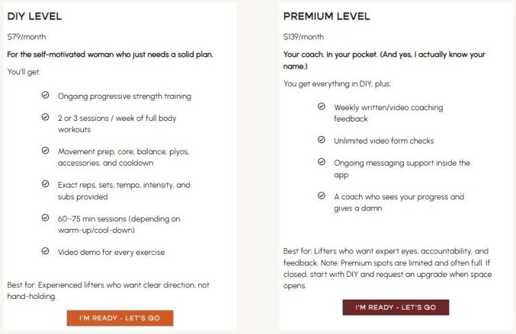 Comparison chart of fitness training programs showing DIY and premium coaching package pricing, features, and support levels.