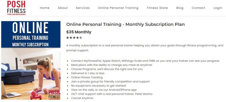 Fitness website showing how to price online personal training through a monthly subscription coaching plan with workout and support features.