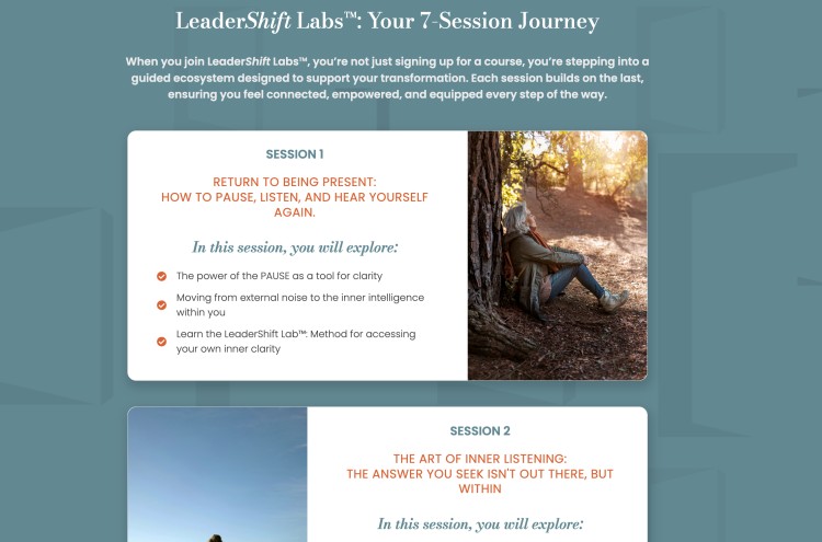 Program overview showing a leadership coaching structured approach with a 7-session journey focused on inner listening, clarity, and personal growth