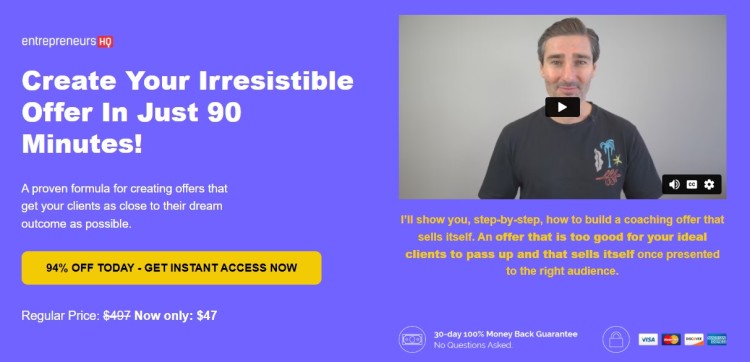 Landing page promoting a new online course about creating irresistible coaching offers that attract clients and increase sales.