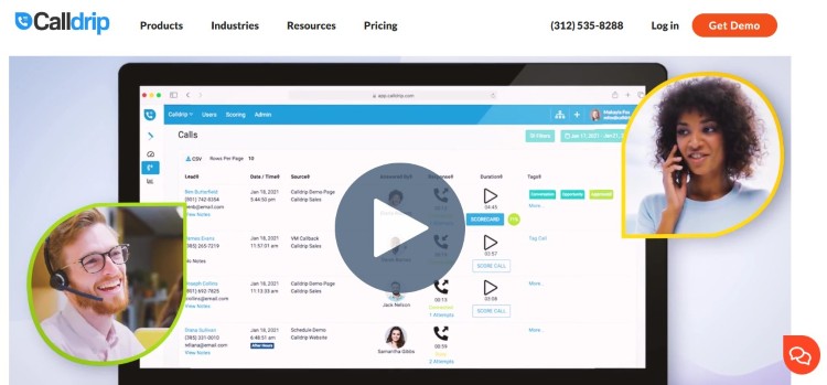 Dashboard interface displaying recorded sales calls and call tracking analytics
