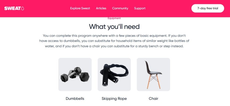 Trending digital products example showing a Sweat fitness program equipment guide with dumbbells, a skipping rope, and a chair needed for home workouts.