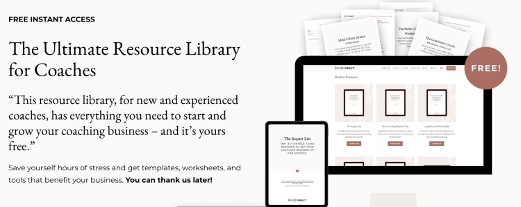 Online coaching resource library offering various free templates, worksheets, and tools for growing a coaching business.
