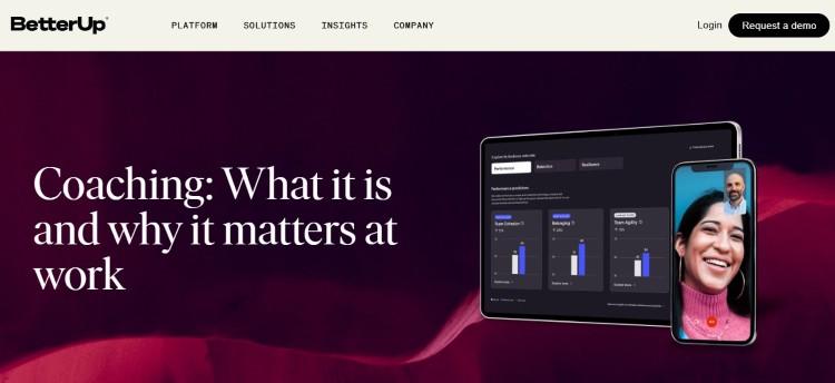 BetterUp homepage highlighting its coaching platform and digital coaching experience