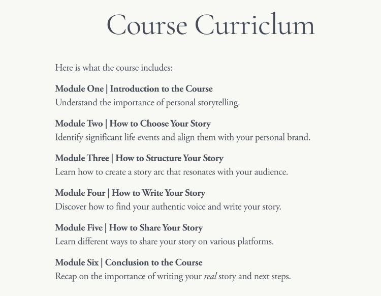 Course curriculum covering storytelling modules for building a personal brand