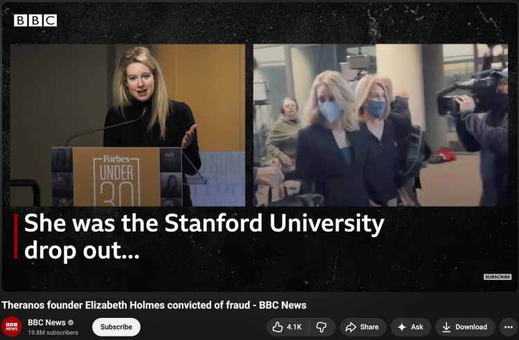 BBC News image featuring Elizabeth Holmes, a well-known business owner whose company became one of Silicon Valley's most controversial startup stories