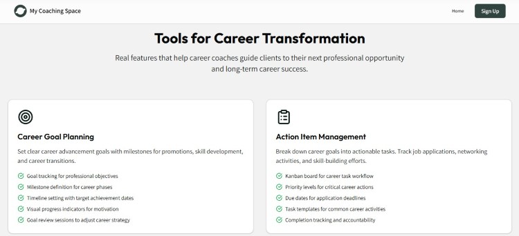Career coaching software featuring goal planning and action management career coaching tools