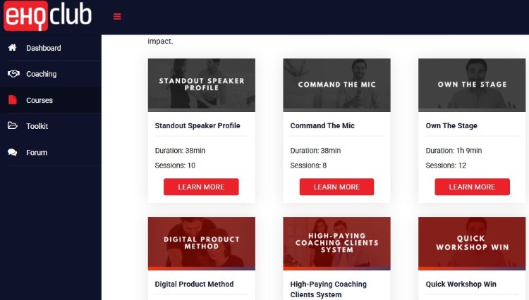 Coaching platform dashboard with courses, coaching modules, and resources for managing coaching sessions