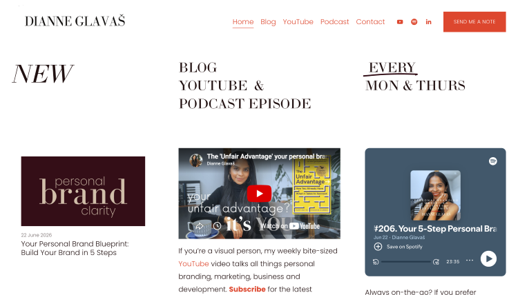 Personal branding website featuring blog posts, YouTube videos, and podcast episodes to create content consistently
