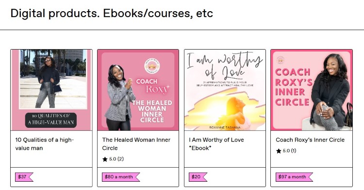 Digital storefront displaying ebooks, memberships, and products from a creator