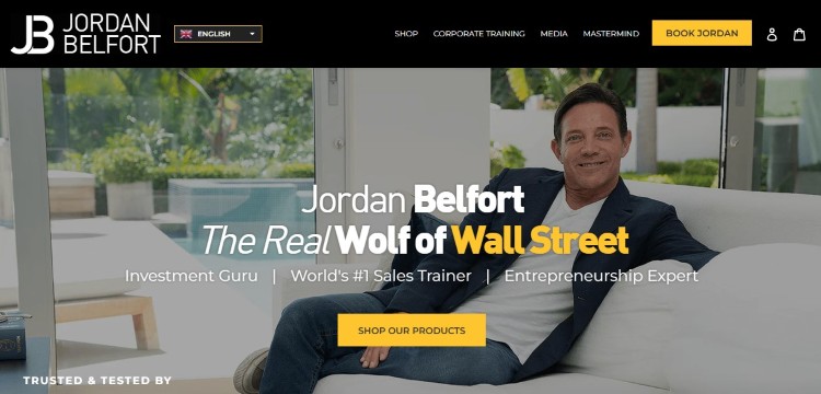 Jordan Belfort's website highlighting his work as an effective coach and sales trainer