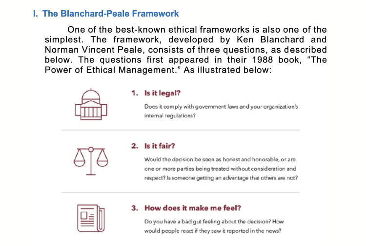 Framework using fairness, legality, and personal reflection as ethical consideration factors