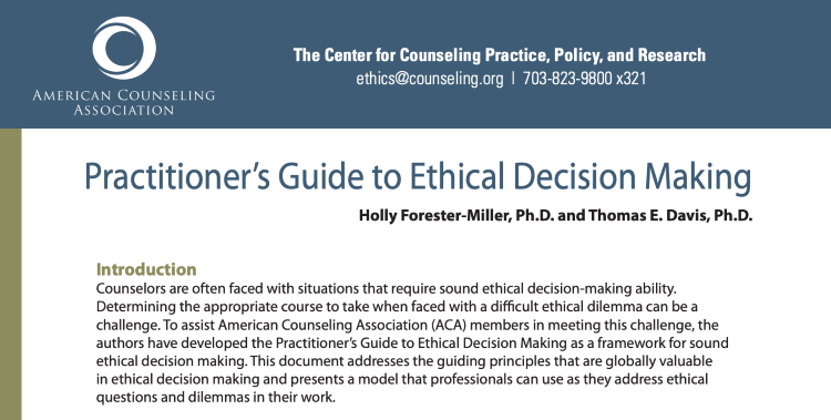 Guide from a counseling profession association outlining ethical decision-making principles