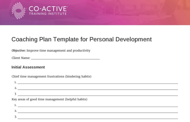 Goal-setting coaching plan template with sections for assessments, challenges, and development objectives