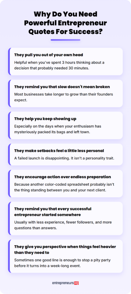 Infographic explaining why motivational quotes for entrepreneurs can improve decision-making, resilience, and consistency