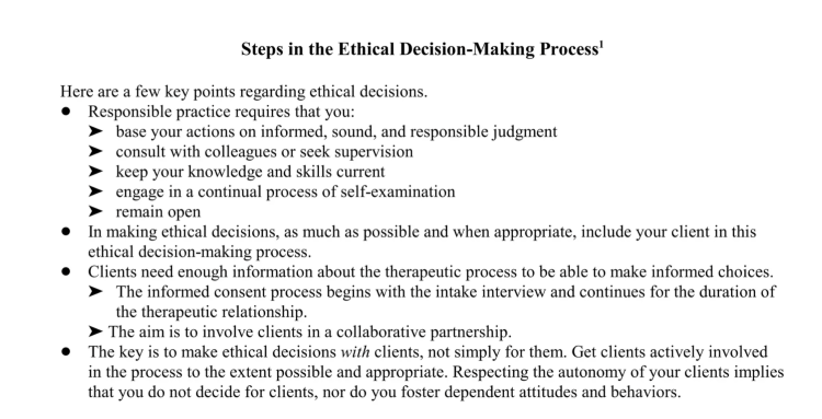 Ethical decision-making steps emphasizing professional obligation and responsible practice