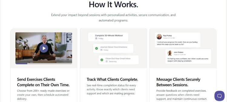 Coaching platform showing activities and progress tracking to help clients complete the exercise between sessions
