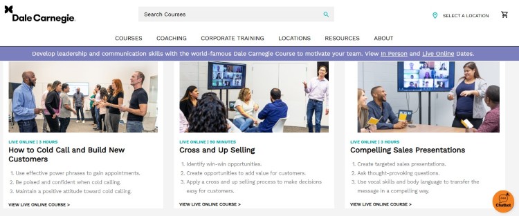 Dale Carnegie sales team training page showing courses for cold calling, upselling, and sales presentations